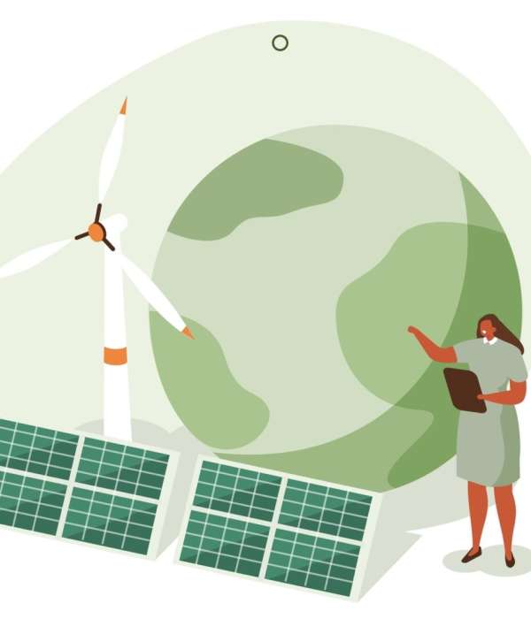 Sustainability illustration set. ESG, green energy, sustainable industry with windmills and solar energy panels. Environmental, Social, and Corporate Governance concept. Vector illustration.